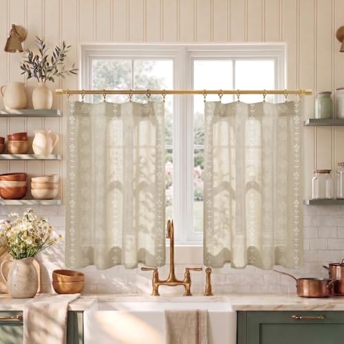 Lino Rosa Boho Kitchen Curtains Geometric Linen Small Tan Beige Tier Cafe Curtains for Bathroom RV 24 Inch Length - color: Tan Beige, size: 24"W x 24"L (Pack of 2)