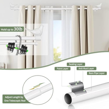 3/4" Diameter Farmhouse Double Window Treatment Curtain Rod, Bird Finials (28"-48", Glossy White) - color: Glossy White, size: 28"-48"