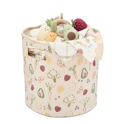 Crane Baby Clementine Canvas Storage Bin, Nursery Hamper and Baby Storage Basket for Toys, Clothes, and Diapers, Toy Baskets, Fabric Nursery Basket, Garden Fruits and Veggies Print, 13" x 12" - size: 13 x 12 Inches, style: Fruits & Veggies