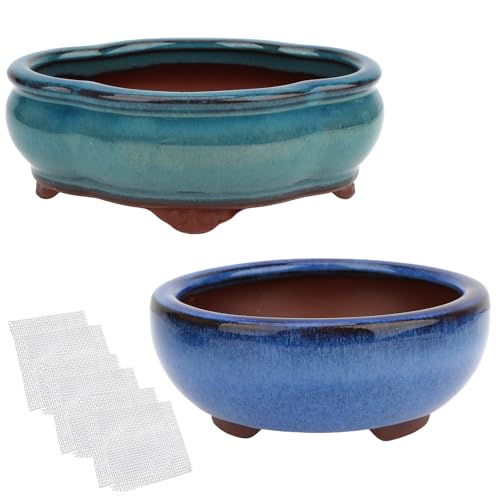 Bonsai Planter 4.9" 5.7" 2pc Small Succulent Glazed Pots + 6 Soft Mesh Drainage Screens - style: Style A&C2