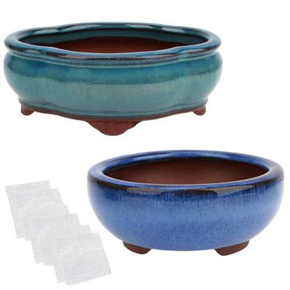 Bonsai Planter 4.9" 5.7" 2pc Small Succulent Glazed Pots + 6 Soft Mesh Drainage Screens - style: Style A&C2