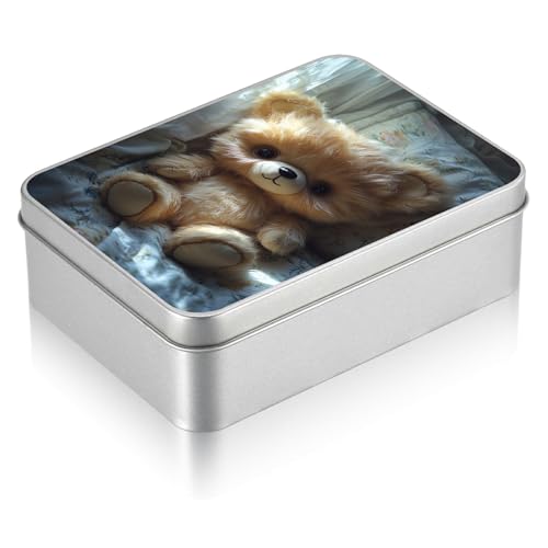 Small Metal Tin Box with Lid, Rectangular Silver Metal Storage Container, 4.92"×3.54"×1.57" Gift Decorative Empty Box, Teddy Cub - color: Teddy Cub, size: Small(4.92"×3.54"×1.57")