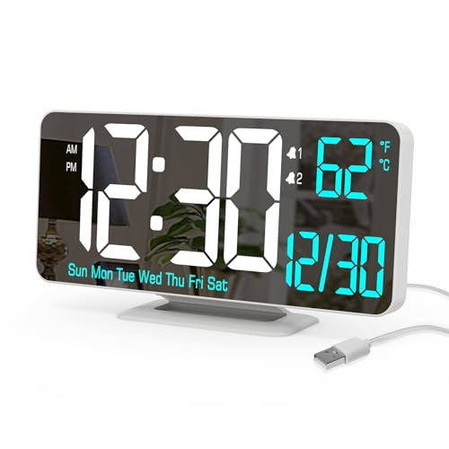 KOSUMOSU Digital LED Clocks for Bedrooms 6.7in White Alarm Clock, Dimming, 12/24h, Date, Day of Week,Temp,Desk Clock, LED Clock for Bedside, Digital Calendar Clocks for Living Room Essentials - color: White Clock(white + Blue Digits)
