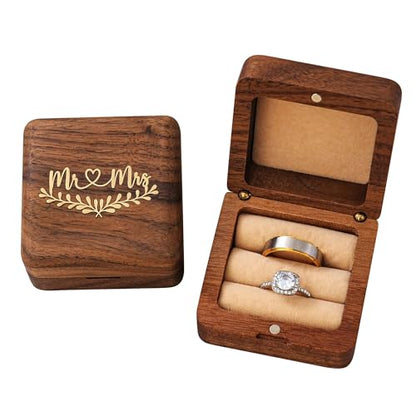 KWOOD Custom Wooden Wedding Ring Box for 2 Rings, Engraved Mr & Mrs Double Ring Holder for Wedding Ceremony Ring Bearer Box Anniversary Birthday Gift Ideas - style: G-Mr & Mrs 02