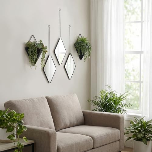 Demissle 5 Pcs Hanging Planter Wall Decor Includes Ceramic Geometric Succulent Planters and Modern Diamond Decorative Mirror with Chain Gold Frame for Living Room Home Indoor Wall Decoration(Black)