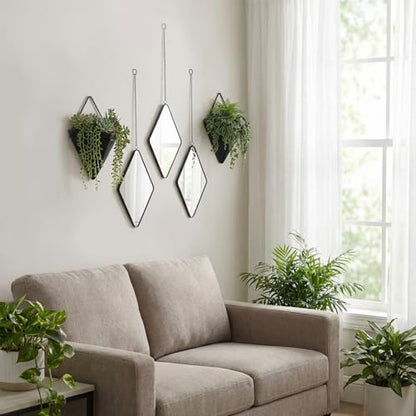 Demissle 5 Pcs Hanging Planter Wall Decor Includes Ceramic Geometric Succulent Planters and Modern Diamond Decorative Mirror with Chain Gold Frame for Living Room Home Indoor Wall Decoration(Black)