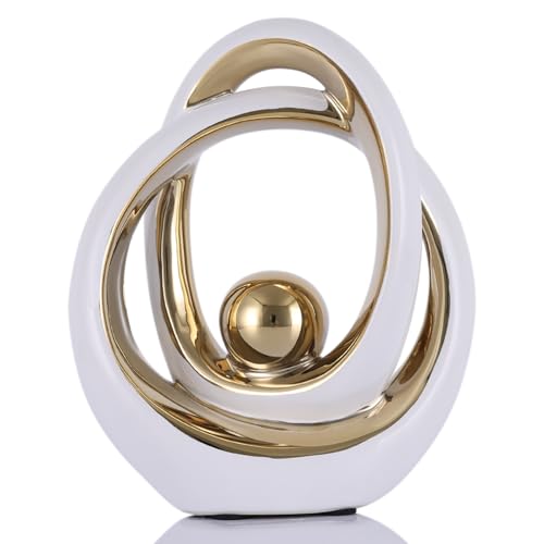 White and Gold Ceramic Abstract Sculpture for Home Decor, Modern Loop Art Tabletop Decorative Object for Entryway Table, TV Stand, Mantel, Coffee Table Centerpiece