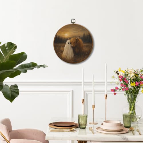 JUIOEIU Fall Halloween Ghost Highland Cow Round Wall Decor 995 - color: Ghost Highland Cow