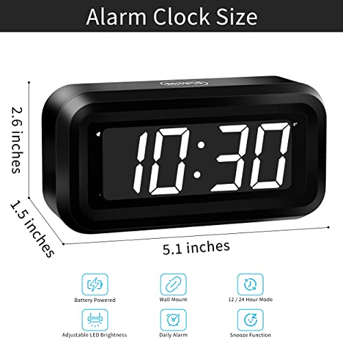 KWANWA Kids Alarm Clock, White LED, Battery, Auto-Night Mode, 12Hr/24Hr, Small, Travel, Bedside, Wall-Mount/Table-top, Easy to Read - color: Black Case-white Led