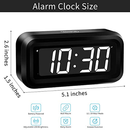KWANWA Kids Alarm Clock, White LED, Battery, Auto-Night Mode, 12Hr/24Hr, Small, Travel, Bedside, Wall-Mount/Table-top, Easy to Read - color: Black Case-white Led