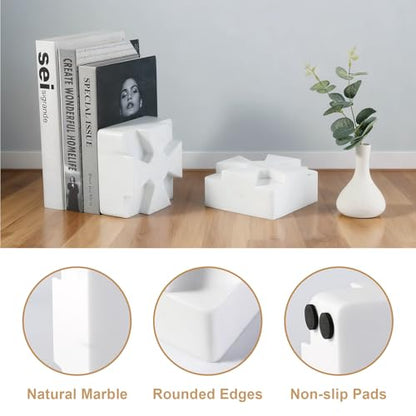Decorative Square Marble Bookends for Heavy Books – Unique Book Ends for Shelves – Modern Aesthetic Book Holder/Stopper with Non-Slip Pads for Chic Home, Office, or Library Decor, White - style: Square-White