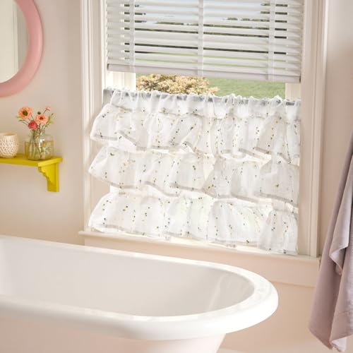 jinchan Mini Pom-Pom Ruffled Valance for Windows 18 Inch 1 Panel Green - color: Dottie Sunlit Grove