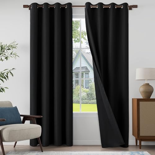 100% Blackout Linen Textured Curtains 84 Inch Length 2 Panels Set for Living room, Bedroom, Light Weight Curtains with Grommets Top, Full Blackout Curtains Privacy Protection, Black, 52" W x 84" L - color: Black, size: 52"W x 84"L (Pack of 2)