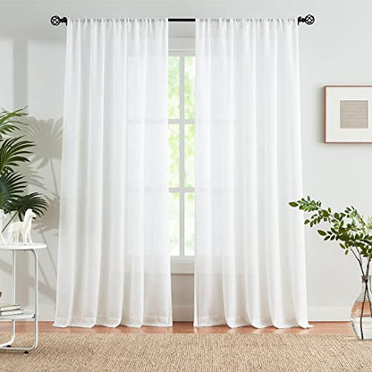 Linen Textured White Sheer Curtains for Living Room Bedroom 52x84" Privacy - color: White - Rod Pocket, size: 52"W x 84"L (Pack of 2)