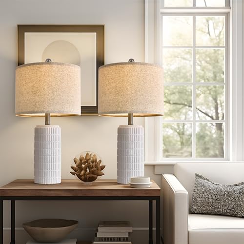 PoKat 23" Table Lamp, Farmhouse Bedside Lamps for Bedroom Set of 2, Ceramic End Table Lamps for Living Room, Traditional Nightstand Desk Lamps, Frosted White Lamps, Medium - color: Frosted White