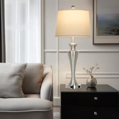 30" Silver Table Lamps Set of 2, 3-Way Dimmable Touch Living Room Lamp with USB A+C Ports and AC Outlet, Modern Brushed Nickel Bedroom Lamps, Tall Metal Bedside Lamp for Nightstand Side Table - color: Silver