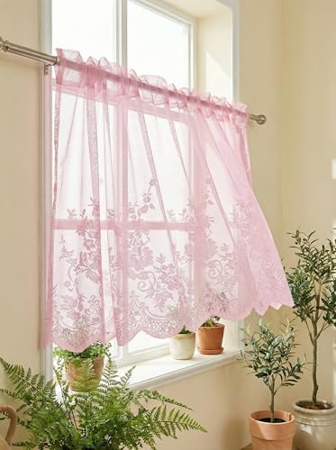 Molaxhome Kitchen Curtains Valance Pink Lace Floral Semi Sheer Curtain - color: Pink, size: 54"W x 35"L (Pack of 1)