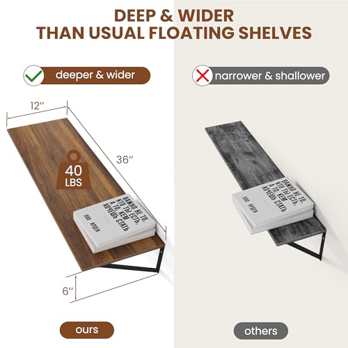 Heimlove 36W x 12D Deep Floating Shelves Set of 2 Walnut - color: Walnut With Black Metal Bracket, size: 36Wx12Dx5.8H