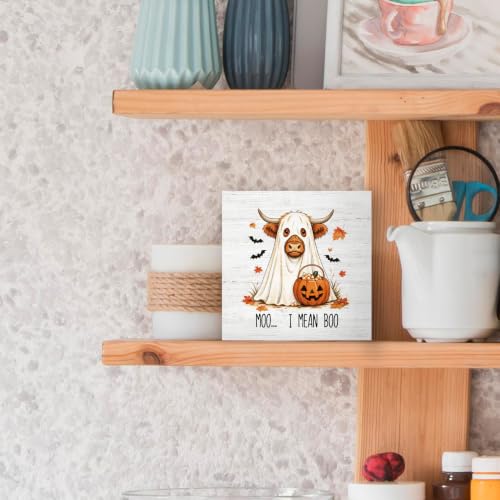 Fall Halloween Highland Cow Pumpkin Wood Box Sign Desk Decor 5X5 - color: Ghost Cow