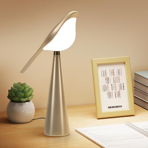 Small Desk Lamp, Bird Lamp, 10 Level Dimmable Brightness Bedside Night Light, Bedroom Table Lamp for Dorm, Office, Gifts, Reading, 3 Colors, Metal Finish, Gold, 360° Rotation - color: Champagne color