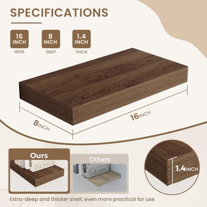 Dreamland 16 Inches Wall Mounted Wood Floating Shelves, Walnut, 2 Pack - color: Walnut, size: 16in