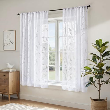 HOMEIDEAS White Semi Sheer Curtains 63 Inches Long,Birds on Branch,2 Panels - color: White - Birds on Branch, size: 52"W x 63"L (Pack of 2)