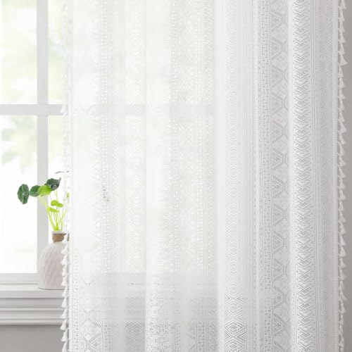 White Boho Sheer Lace Window Curtains with Tassel, 40" Wx72 Lx2 - color: White, size: 40"W x 72"L (Pack of 2)