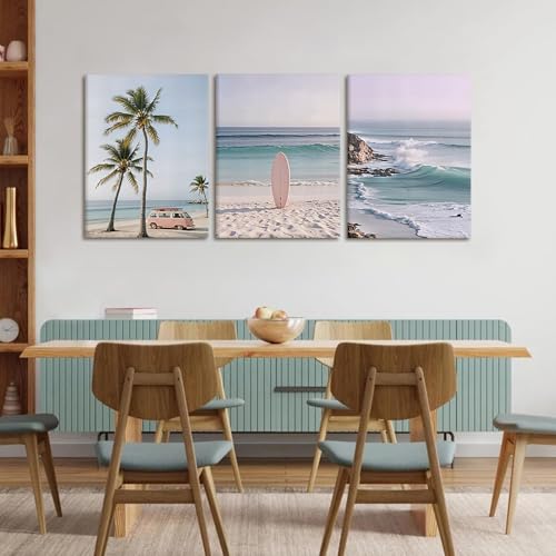 HCJWCXD 3 Pcs Coastal Beach Canvas Wall Art Boho Beach Scene 16x24 Inch - color: Pink car, size: 16x24 Inches