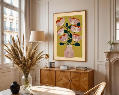 Abstract Floral Wall Art Red Stripes Vase Wall Art 16x24 inch Unframed - color: Red flower, size: 16L" x 24W"