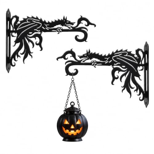 2 Pack-10inch Gothic Dragon Metal Wall Brackets for Hanging Plants, Outdoor Indoor Decorative Hooks for Hanging Plants, Bird Feeder, Wind Chime, Lantern （Lantern NOT Included）