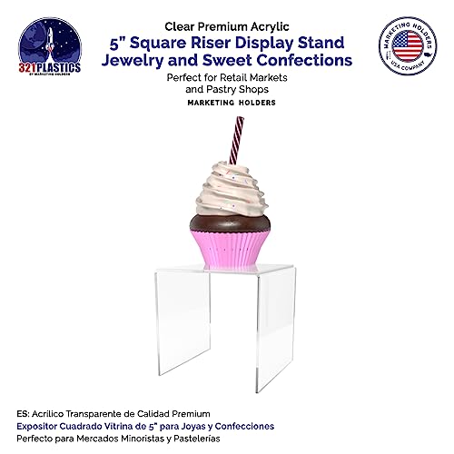 Marketing Holders Acrylic Riser 5" Square Display Stand Clear Tabletop Showcase Pedestal for Small Figurines Retail Products and Merchandise Plexiglass Ring or Watch Box Throne - size: 5" Riser
