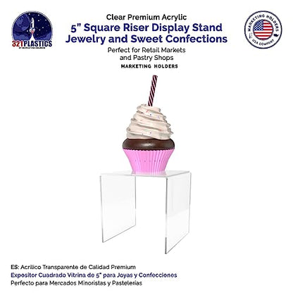 Marketing Holders Acrylic Riser 5" Square Display Stand Clear Tabletop Showcase Pedestal for Small Figurines Retail Products and Merchandise Plexiglass Ring or Watch Box Throne - size: 5" Riser