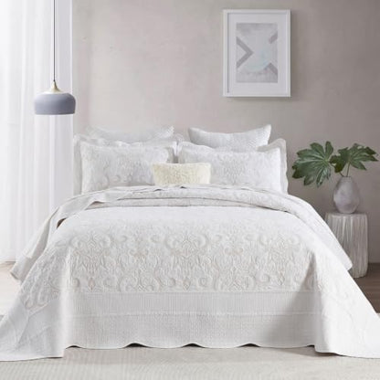100% Cotton Oversized Bedspread Quilt Coverlet Set, 128"x120" - color: White/Beige Embroidery, size: Extra Wide Super King(128"x120")