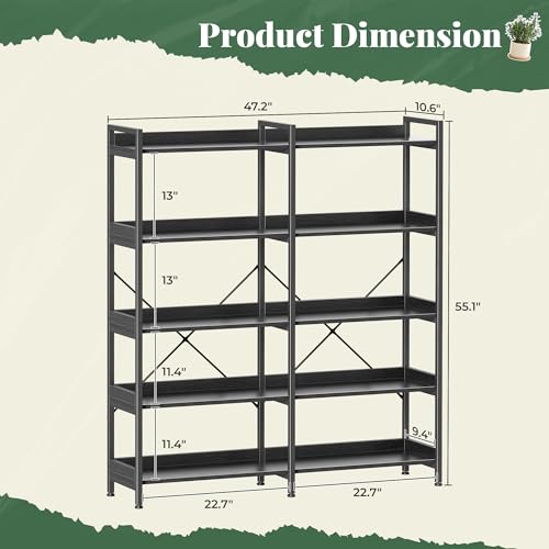 Huuger 5 Tier Bookshelf with 10 Open Shelves and Raised Baffle, Black - color: Black, size: 5 Tier