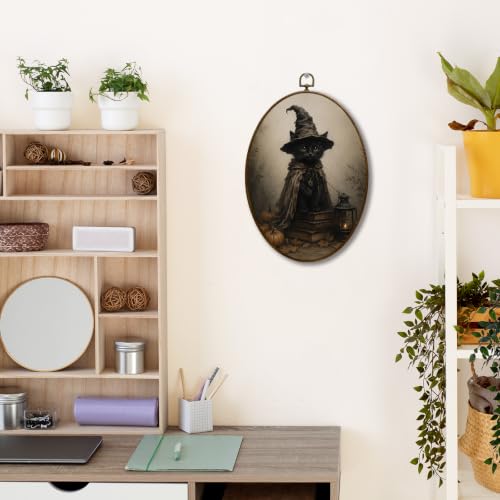 JQF Halloween Witchy Black Cat Oval Wall Decor Framed 8.5x11.5 Inch - color: fall cat-2