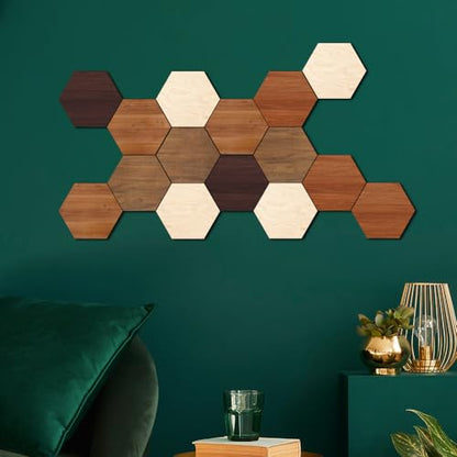 Wooden Hexagon Wall Decor, 15 Pcs Creative Removable Hexagonal Wall Stickers, DIY Modern Geometric Wood Wall Art Decor, 3D Wooden Hexagon Wall Tiles for Living Room, TV Background, Office, 5.9" x 5.1”