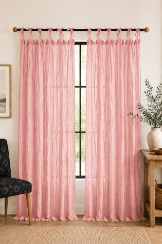 TARAN LIVING Sheer Crinkle Curtain Panel Set of 2, 100% Washable Cotton Window Treatment Rod Pocket Curtain Panels for Kitchen, Bedroom and Living Room (Salmon Pink, Long Door (40"x96")) - color: Salmon Pink