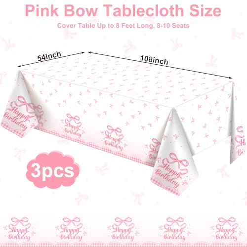 3 Pack Coquette Pink Bow Plastic Tablecloth, Happy Birthday Table Cloth - color: Pink Bow