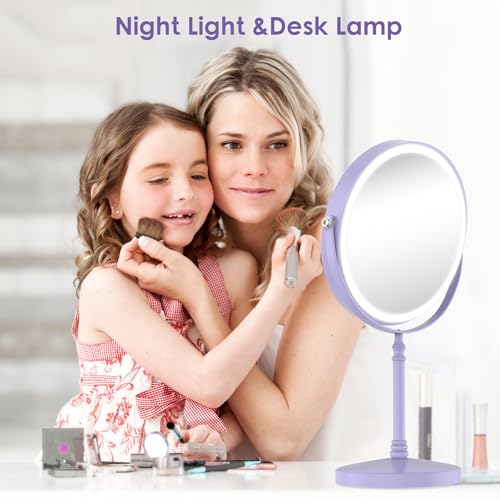 DEIOVWXS Makeup Mirror, Rechargeable Vanity Mirror with 3 Lights, 1X/10X - color: Purple