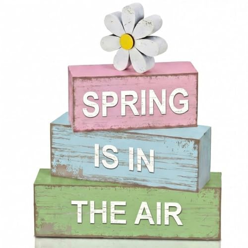 GlikCeil 4 Pcs Spring Table Decoration Daisy Wooden Block Sign Daisy Spring Table Decor Centerpieces Farmhouse Rustic Tiered Tray Tabletop Decor for Home Office Desk Kitchen Shelf Decors - style: Daisy