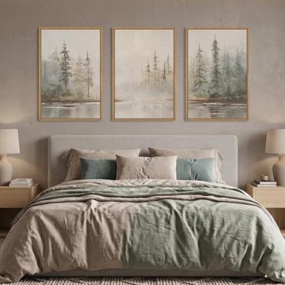 HPNIUB Large Neutral Misty Pine Tree Framed Canvas Wall Art Set -24"x36"x3 - color: Retro Forest Wall Art, size: 24"L x 36"W