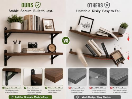 Walnut Floating Shelves Wall Mounted Set of 2, Heavy Duty Wood Wall Shelves with Reinforced Anti-Sag Brackets, Includes 12 Hollow Wall Anchors & Complete Installation Kit for Drywall & Concrete