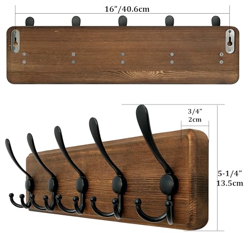 WEBI Rustic Coat Rack Wall Mount,Solid Wood Coat Hooks Wall Mounted Coat Hanger,16" Hole to Hole,Hook Rack Rail,5 Triple Hooks for Hanging Coats,Jacket,Clothes,Farmhouse,Brown - color: Brown, size: 5 Hooks