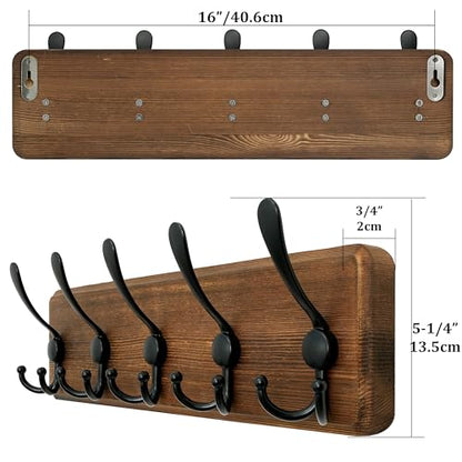 WEBI Rustic Coat Rack Wall Mount,Solid Wood Coat Hooks Wall Mounted Coat Hanger,16" Hole to Hole,Hook Rack Rail,5 Triple Hooks for Hanging Coats,Jacket,Clothes,Farmhouse,Brown - color: Brown, size: 5 Hooks