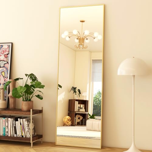 GLSLAND 59"x16" Full Length Mirror Full Body Mirror Freestanding Hanging or Leaning Rectangle Floor Mirror Aluminum Alloy for Bedroom Bathroom Living Room,Gold - color: Gold, size: 59"L x 16"W