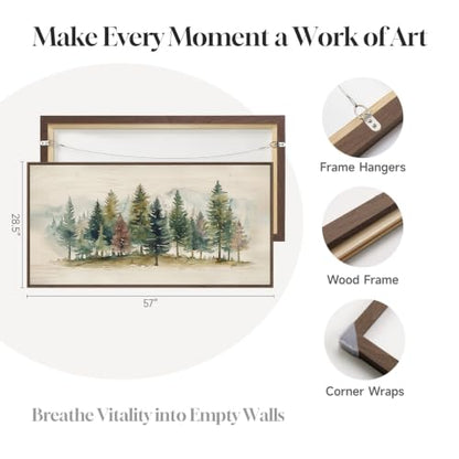 Large Framed Watercolor Pine Tree Forest Wall Art for Living Room, 60x30 In - color: Beige