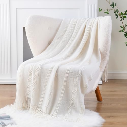 BATTILO HOME Cream Throw Blanket for Couch, Bedroom Decor Boho Throw Blanket, Decorative White Blanket Throw for Sofa Living Room, 50"x60" - color: Cream, size: 50 x 60 in.