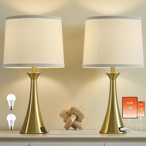 Touch Table Lamps Set of 2, 21" Bedside Lamps with USB C+A - color: Gold & White Shade