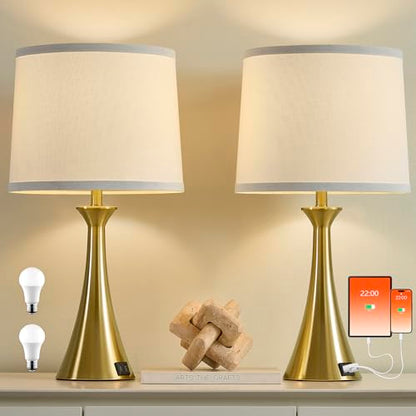 Touch Table Lamps Set of 2, 21" Bedside Lamps with USB C+A - color: Gold & White Shade