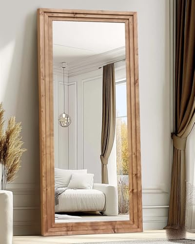 71x30in Full Length Mirror, 3-Tier Stepped Solid Wood Frame - color: Light Brown, size: 71"L x 30"W